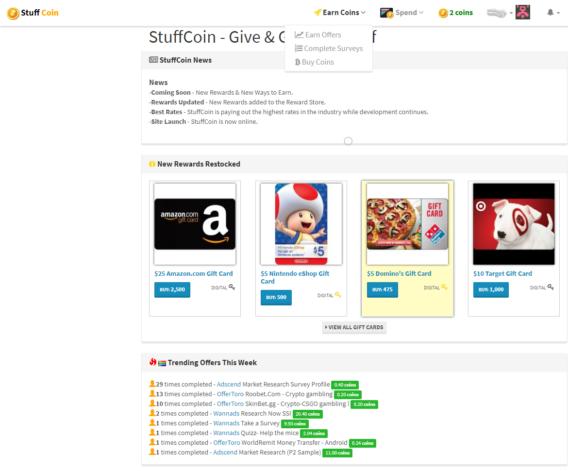 StuffCoin Screen Showing Buy Coins Menu Choice