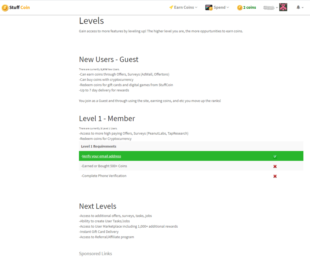 StuffCoin Screen Showing User Levels And Marketplace Feature