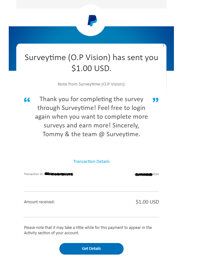 PayPal payment received from Surveytime