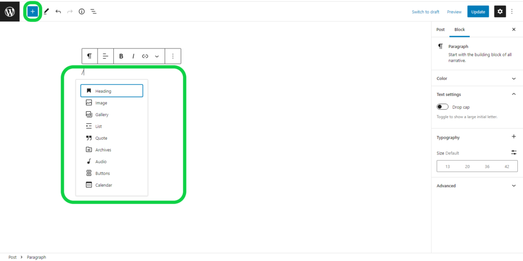 Screenshot showing the block type selector