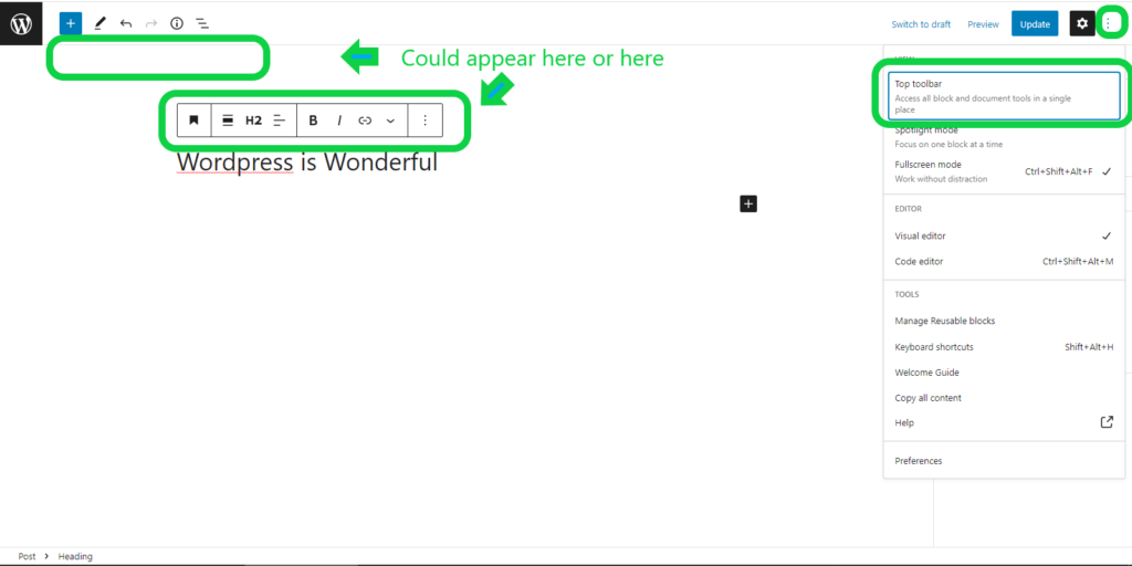 Screenshot indicating the possible positions of the block options toolbar