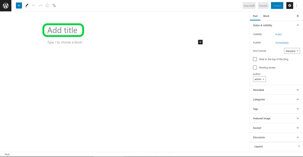Screenshot showing how to add a title in WordPress Block Editor