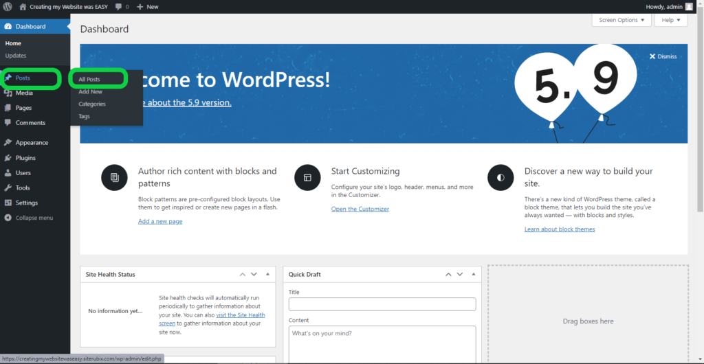 Screenshot of the WordPress dashboard