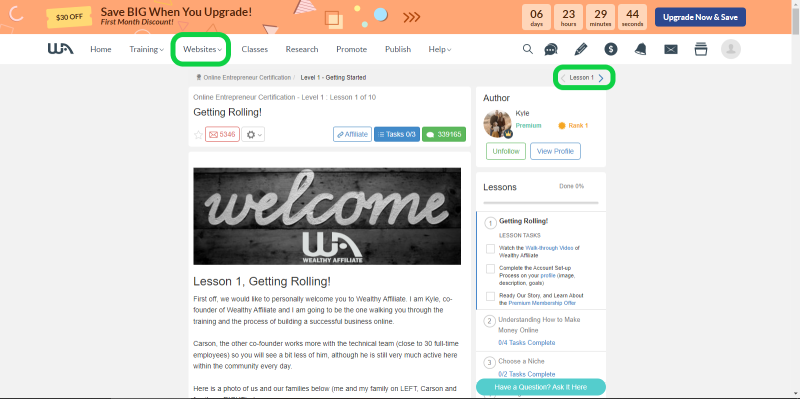 Screenshot of Wealthy Affiliate's Lesson 1 screen